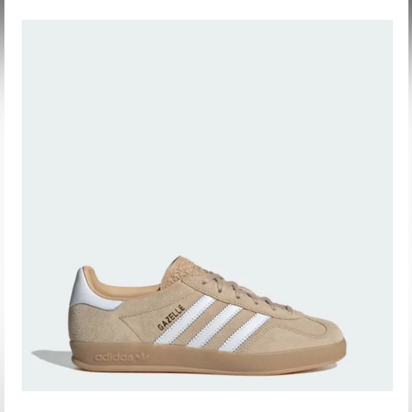 adidas Shoes - adidas Beige Gazelle Suede Sneaker with White Stripes